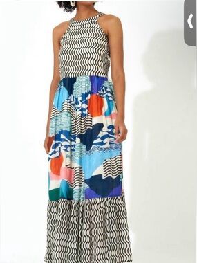 Oliphant 🌹Sleeveless Mixed-Print Maxi Dress in Black, White & Multicolor